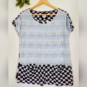Anthropologie Round Trip Cap Sleeve Geometric Blouse Cottagecore Grunge